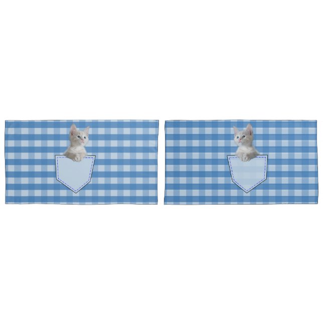 Cute White Kitten Pocket Gingham Blue Pattern Pillow Case (Front-Set)