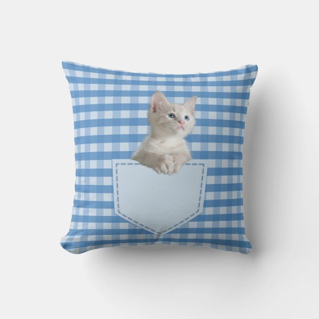 Cute White Kitten Pocket Gingham Blue Pattern Throw Pillow (Front)