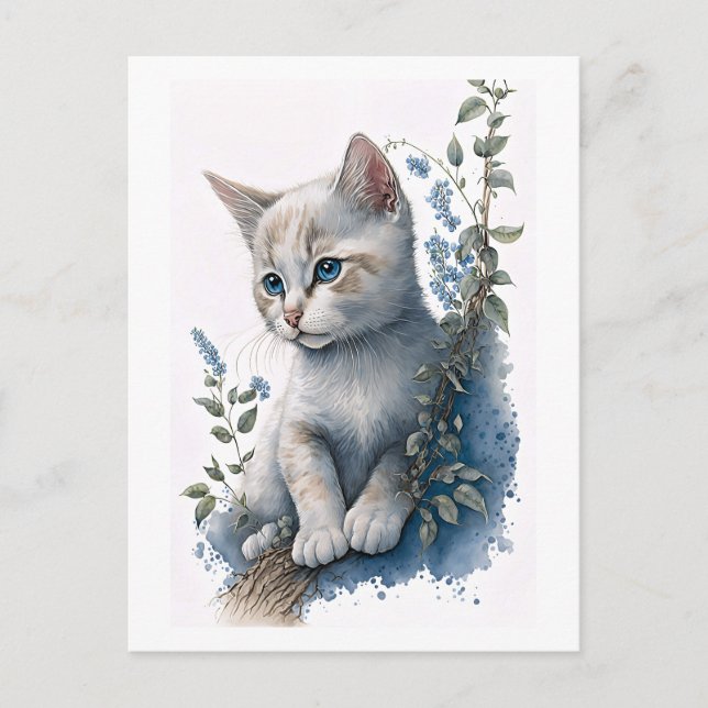 Cute White Kitten Postcard with Floral Detail (Front)