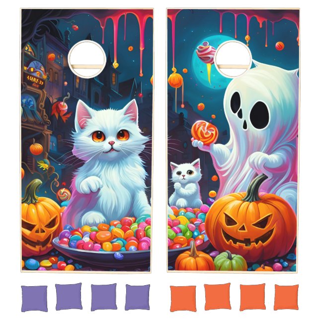 Cute White Kitten Pumpkin Candy Halloween Cornhole Set (Set)