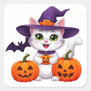 Cute White Kitten Pumpkin Halloween Witch Hat 🎃 Square Sticker