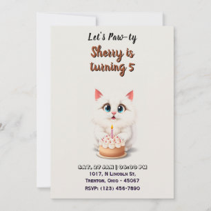 Cute White Kitten with Birthday Cake Personalized Invitation