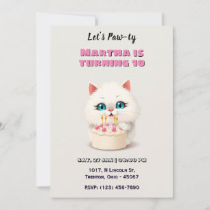 Cute White Kitten with Birthday Cake Personalized Invitation