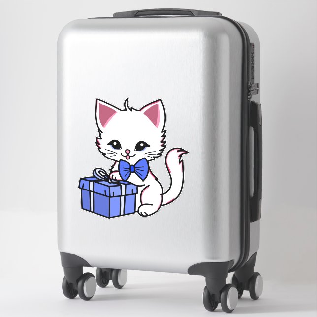 Cute White Kitten with Blue Gift Sticker (Suitcase)