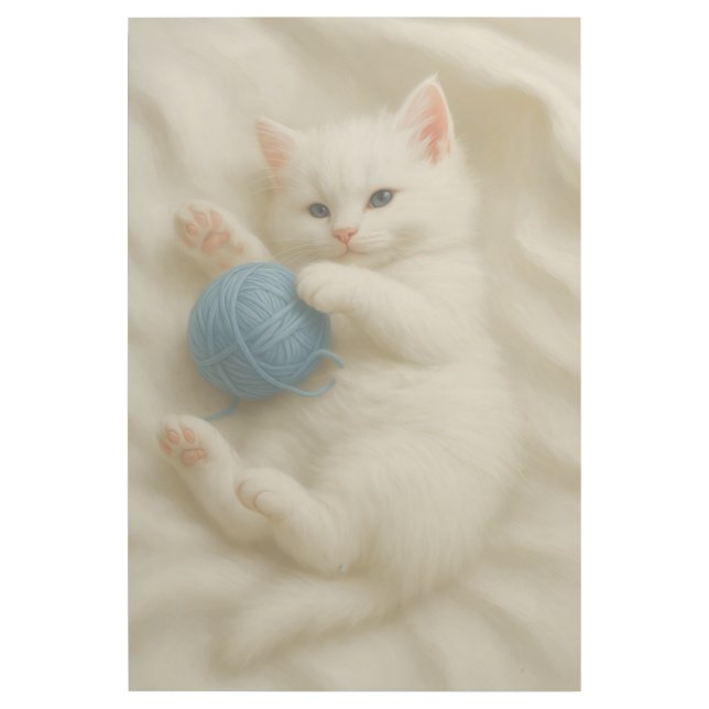 Cute White Kitten with Blue Yarn Ball Gallery Wrap (Front)