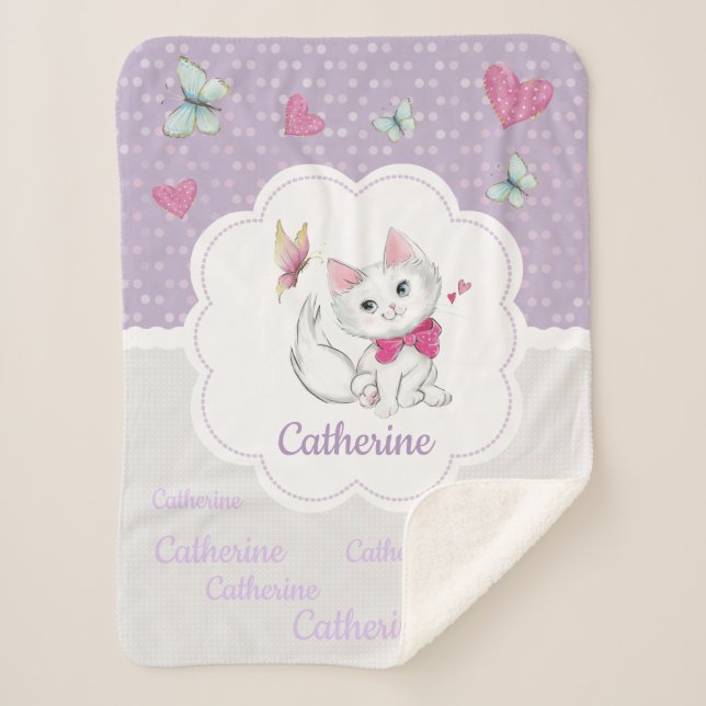 Cute White Kitten with Butterfly on pastel Sherpa Blanket (Front)