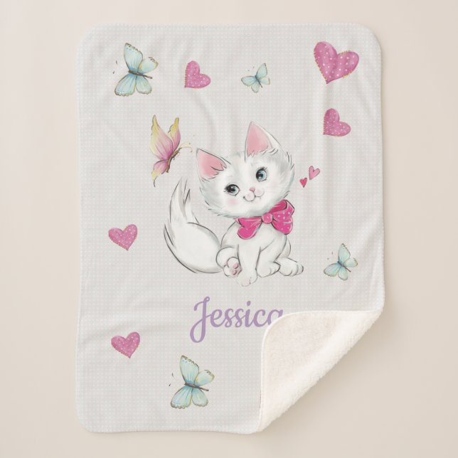 Cute White Kitten with Butterfly on pastel Sherpa Blanket (Front)