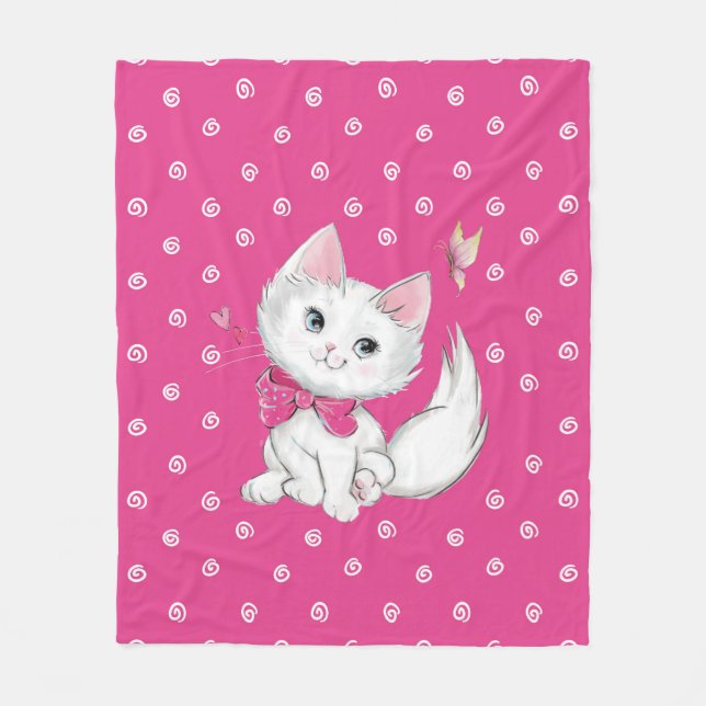 Cute White Kitten with Butterfly on Pink Fleece Blanket (Front)