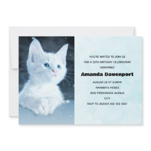 Cute White Kitten with Pretty Blue Eyes Birthday Invitation