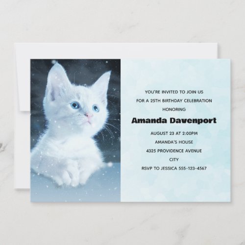 Cute White Kitten with Pretty Blue Eyes Birthday Invitation
