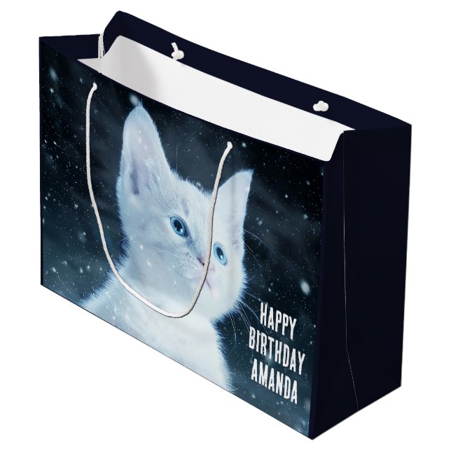 Cute White Kitten with Pretty Blue Eyes Birthday Large Gift Bag (Front Angled)