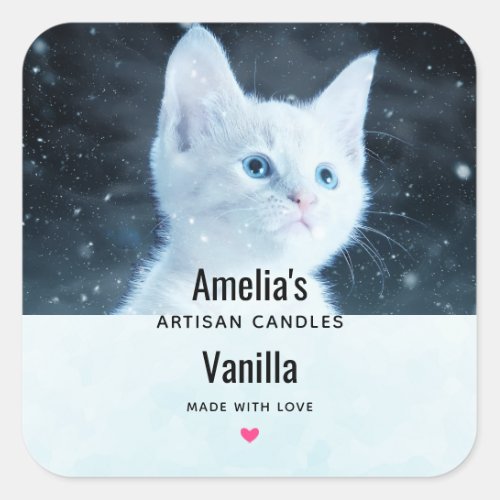 Cute White Kitten with Pretty Blue Eyes Candle Biz Square Sticker