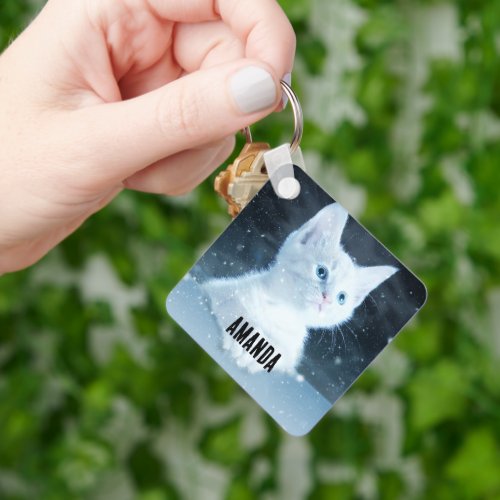 Cute White Kitten with Pretty Blue Eyes Keychain