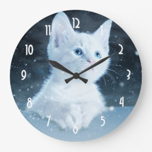 Cute White Kitten with Pretty Blue Eyes Large Clock