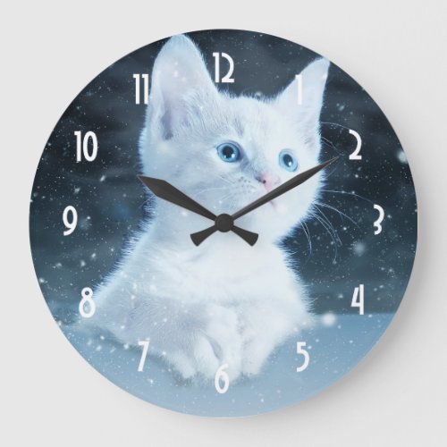 Cute White Kitten with Pretty Blue Eyes Large Clock