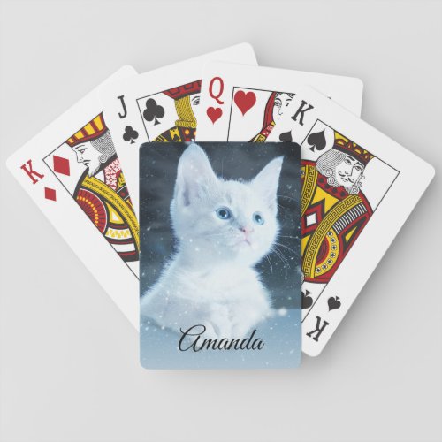 Cute White Kitten with Pretty Blue Eyes on Playing Cards