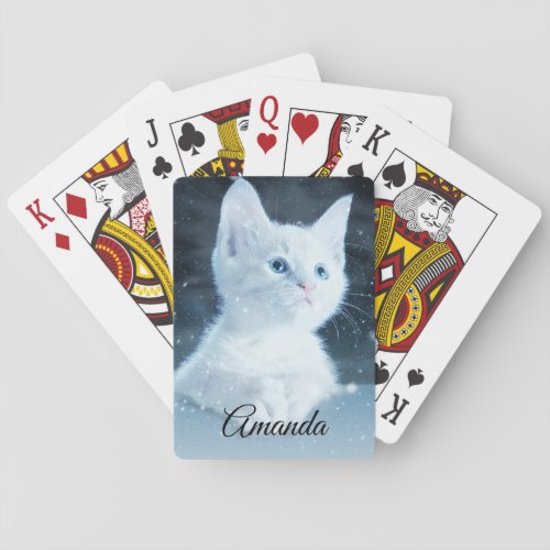 Cute White Kitten with Pretty Blue Eyes on Poker Cards