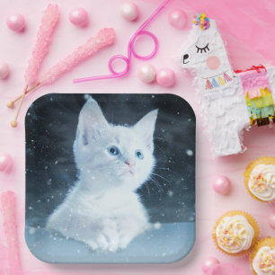 Cute White Kitten with Pretty Blue Eyes Paper Plates