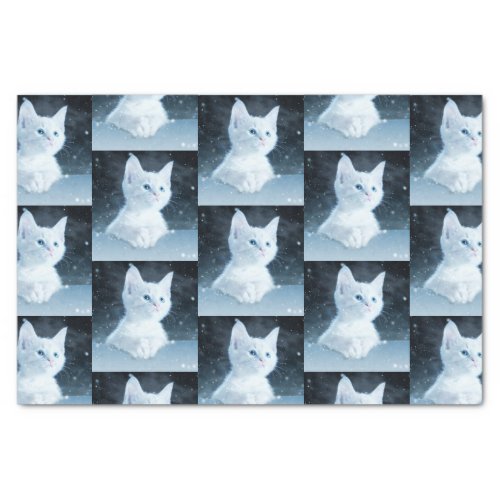 Cute White Kitten with Pretty Blue Eyes Patterned Tissue Paper