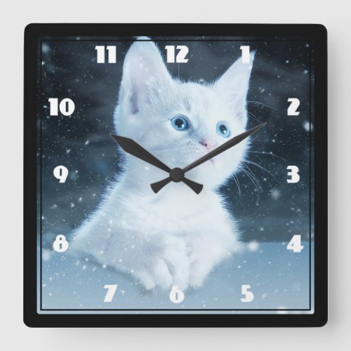 Cute White Kitten with Pretty Blue Eyes Square Wall Clock