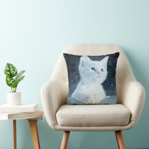 Cute White Kitten with Pretty Blue Eyes Throw Pillow