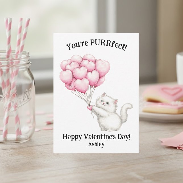 Cute White Kitten You're PURRfect Kids Valentines Note Card (Creator Uploaded)