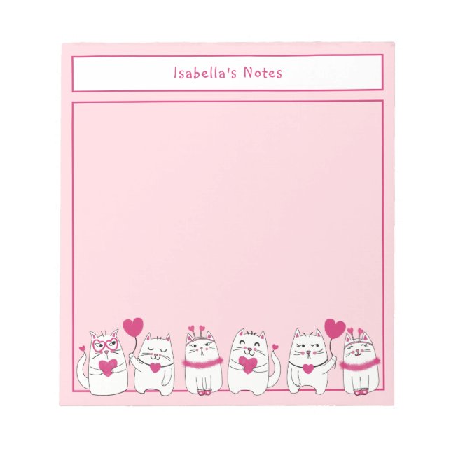 Cute White Kittens Kids Custom Name Pink Notepad (Front)