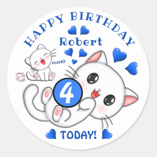 Cute White Kittens Name and Age Kids Birthday Classic Round Sticker