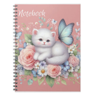 Cute White Kitty, Butterflies And Flowers Notebook