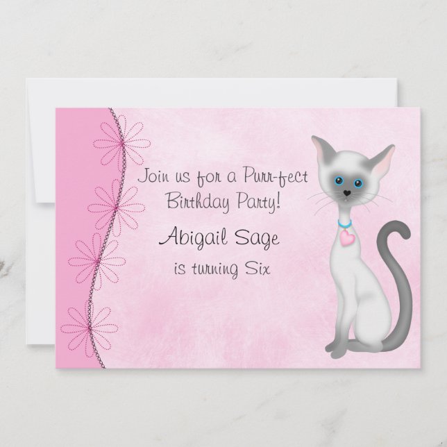 Cute White Kitty Cat and Flowers on Pink Birthday Invitation (Front)