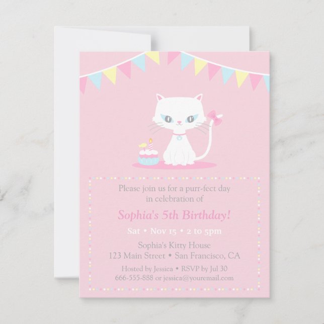 Cute White Kitty Cat Birthday Party Invitations (Front)