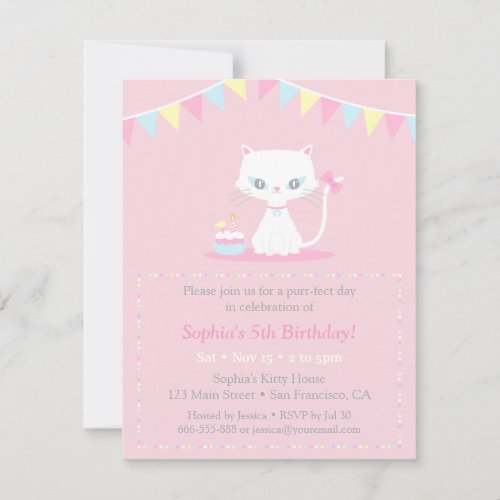 Cute White Kitty Cat Birthday Party Invitations
