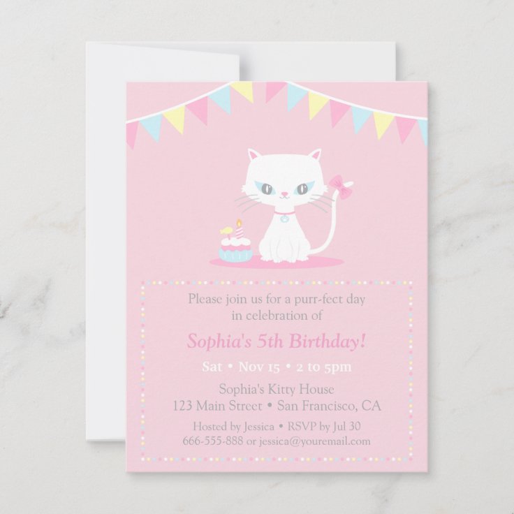 Cute White Kitty Cat Birthday Party Invitations | Zazzle