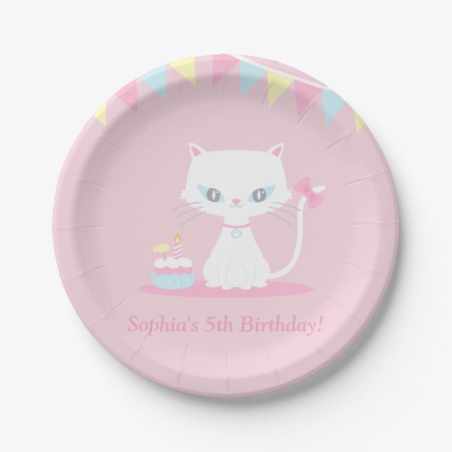 Cute White Kitty Cat Birthday Party Supplies Paper Plates (Front)