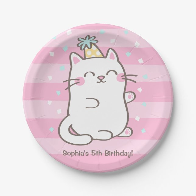 Cute White Kitty Cat Girls Birthday Party Supplies Paper Plates (Front)
