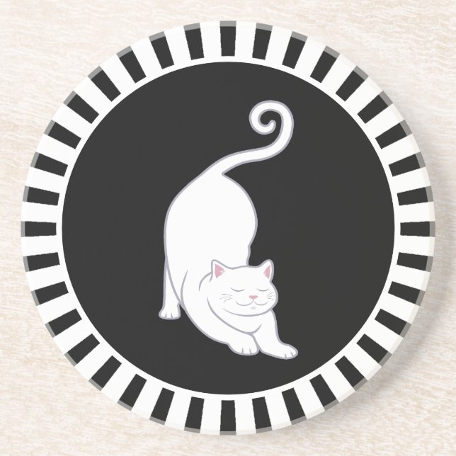 Cute white kitty cat on black & white coaster (Front)