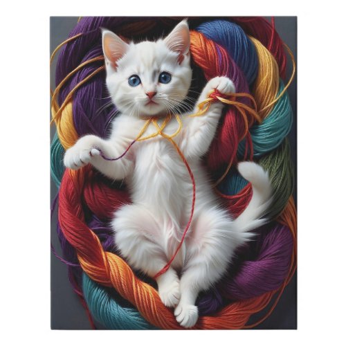 Cute White Kitty Cat Playing with Rolls of Yarn  Faux Canvas Print