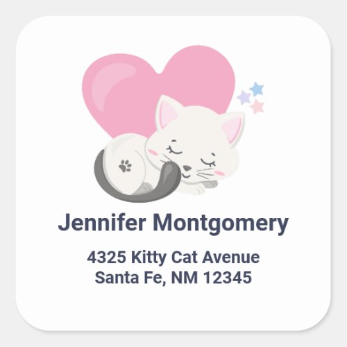 Cute White Kitty Cat Sleeping Address Square Sticker
