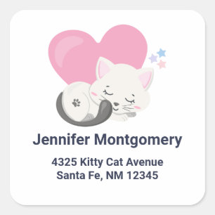 Cute White Kitty Cat Sleeping Address Square Sticker
