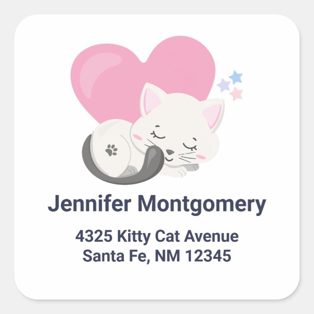 Cute White Kitty Cat Sleeping Address Square Sticker (Front)