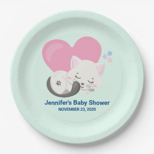 Cute White Kitty Cat Sleeping Baby Shower Paper Plates
