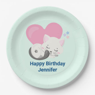 Cute White Kitty Cat Sleeping Birthday Paper Plates