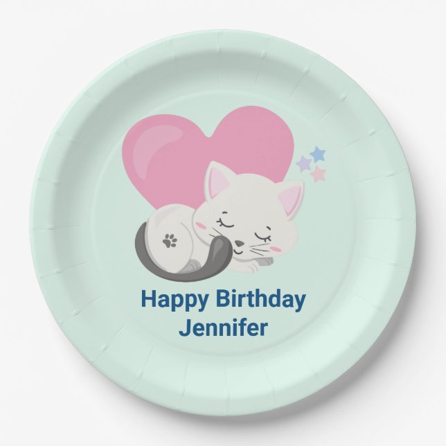 Cute White Kitty Cat Sleeping Birthday Paper Plates (Front)