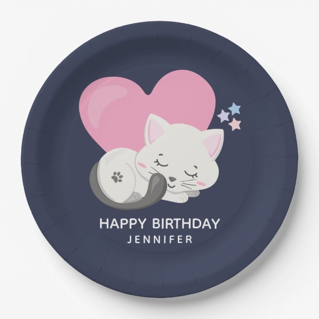 Cute White Kitty Cat Sleeping Birthday Paper Plates (Front)