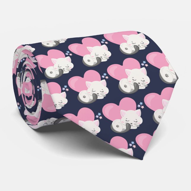 Cute White Kitty Cat Sleeping Pattern Neck Tie (Rolled)