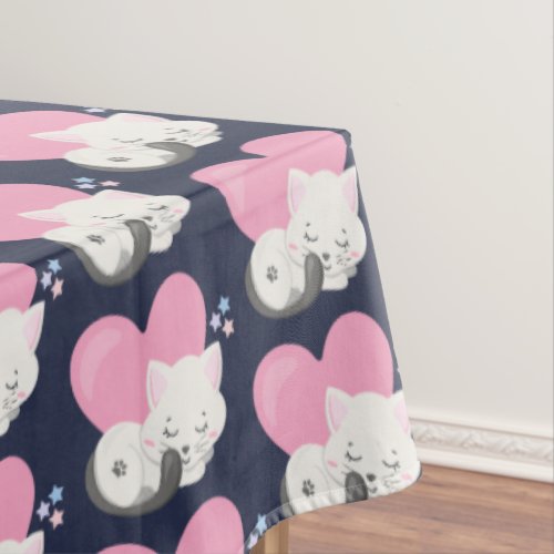 Cute White Kitty Cat Sleeping Pattern Tablecloth