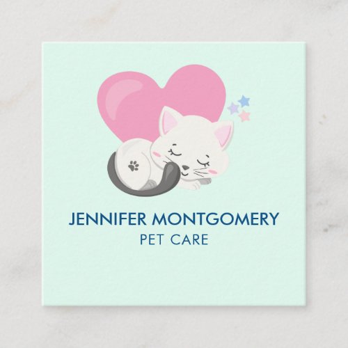 Cute White Kitty Cat Sleeping Square Business Card