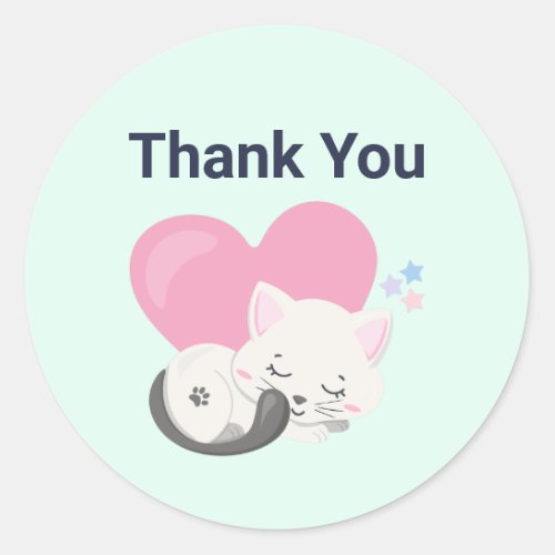 Cute White Kitty Cat Sleeping Thank You Classic Round Sticker