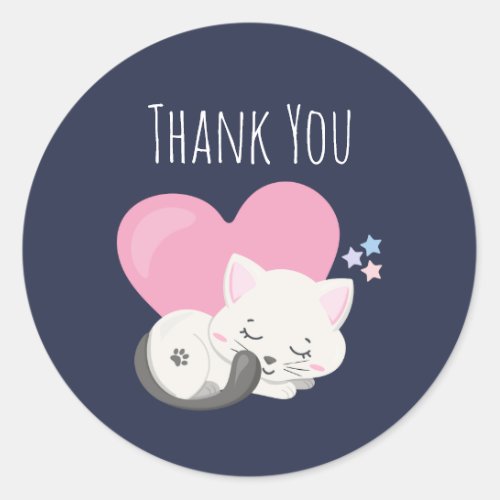 Cute White Kitty Cat Sleeping Thank You Classic Round Sticker