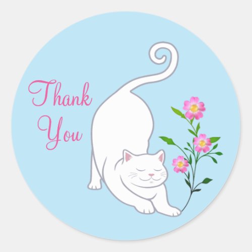 Cute white kitty cat with flowers Thank You Classic Round Sticker